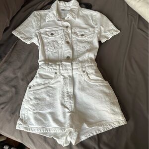Zara White Short-Sleeve Denim Romper